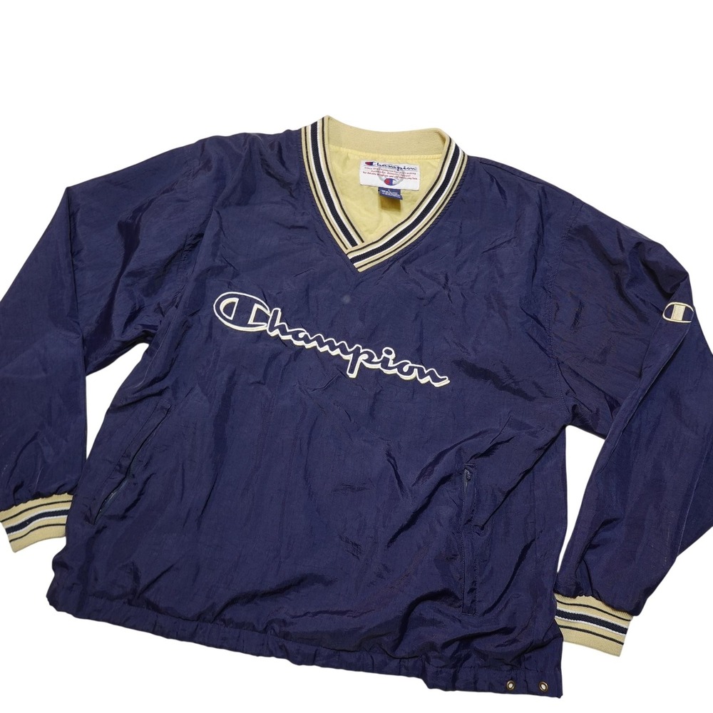 Champion Jacket Mens Large Blue V-Neck Pullover Windbreaker Script Logo